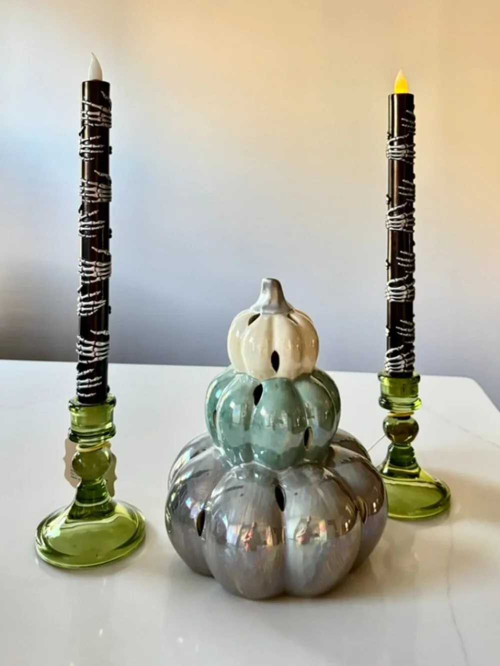 Flameless Halloween Taper Candles Silver Boney Skeleton Hands Black Wax LED NEW